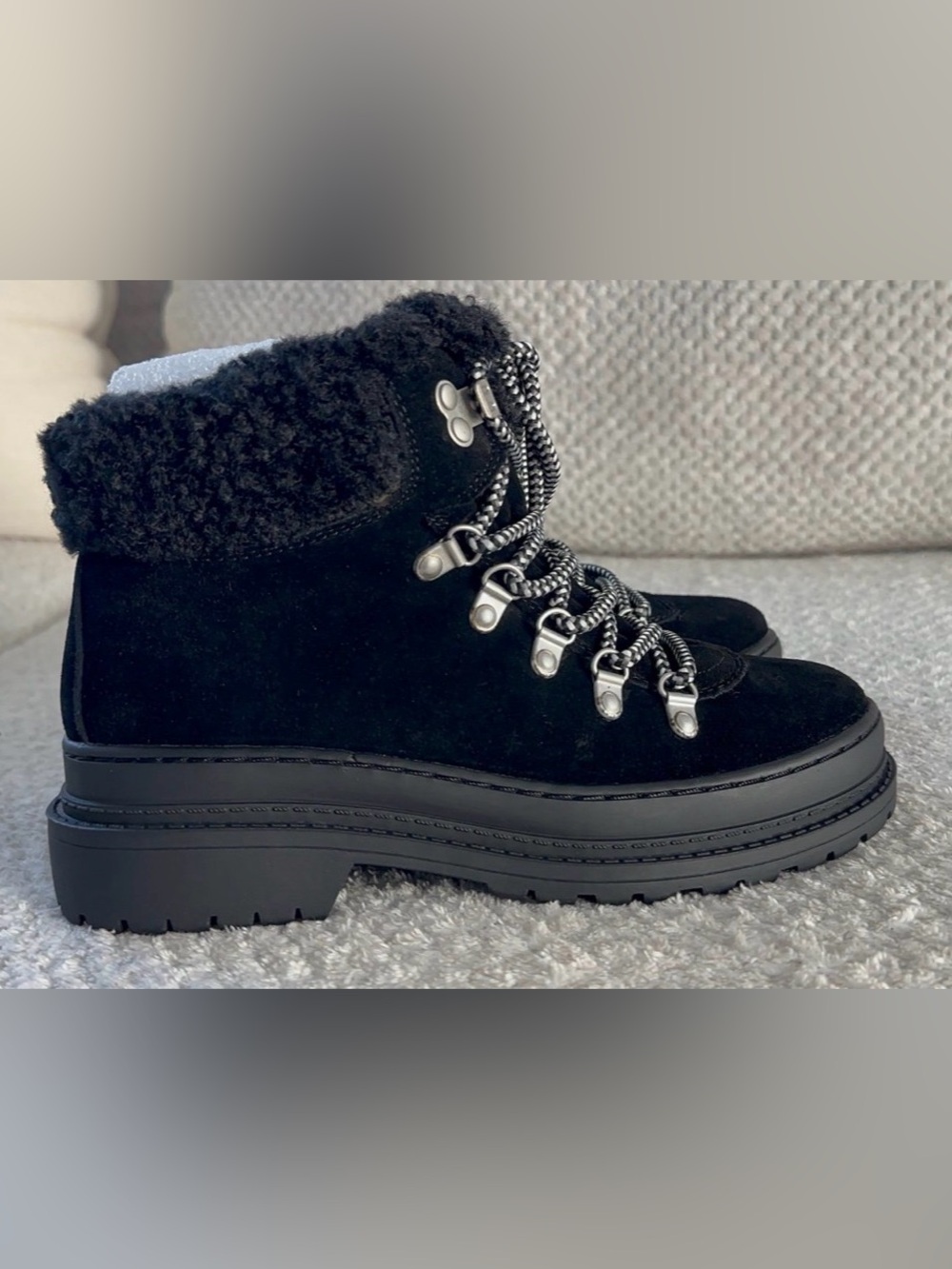 Black Faux-Shearling Lace-Up Ankle Boots for Women